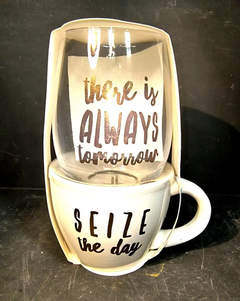 2068. Gift Set Stoneware Mug Stemless Wine Glass Seize the Day Tomorrow